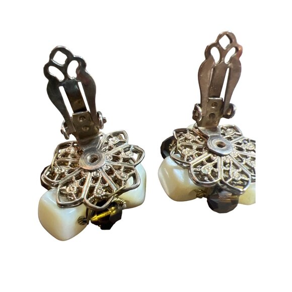 Vintage Clip-on Earrings AB MOP Haskell Era Filagree Back Smoky Quartz Look - Picture 13 of 16